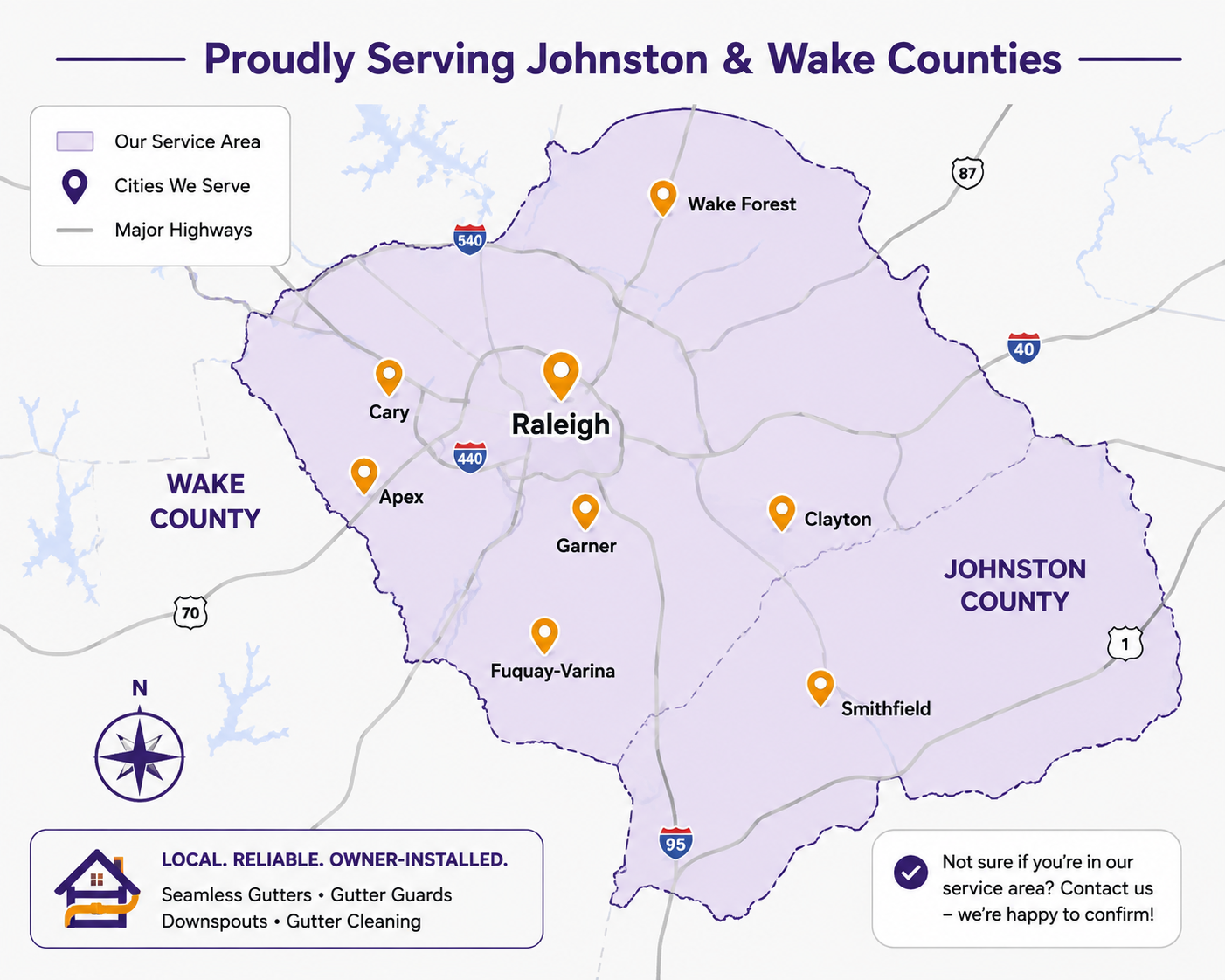 Service area map showing Raleigh, Clayton, Garner, Fuquay-Varina, Apex, Cary, Smithfield and Wake Forest in Wake and Johnston counties